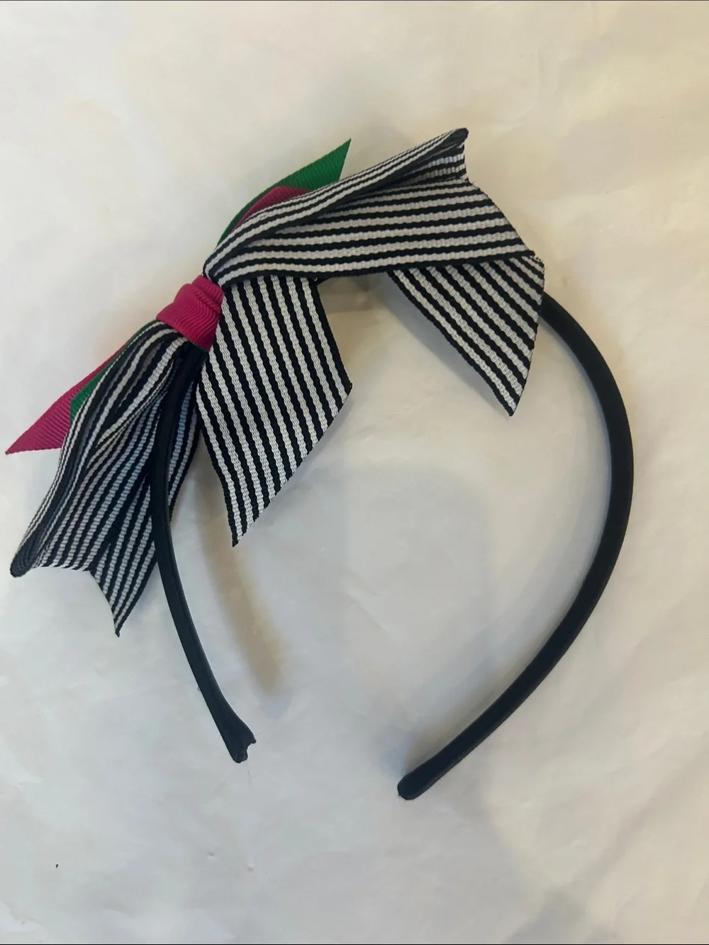 Gymboree Black Headband with Striped Bow and Pink & Green Ribbon